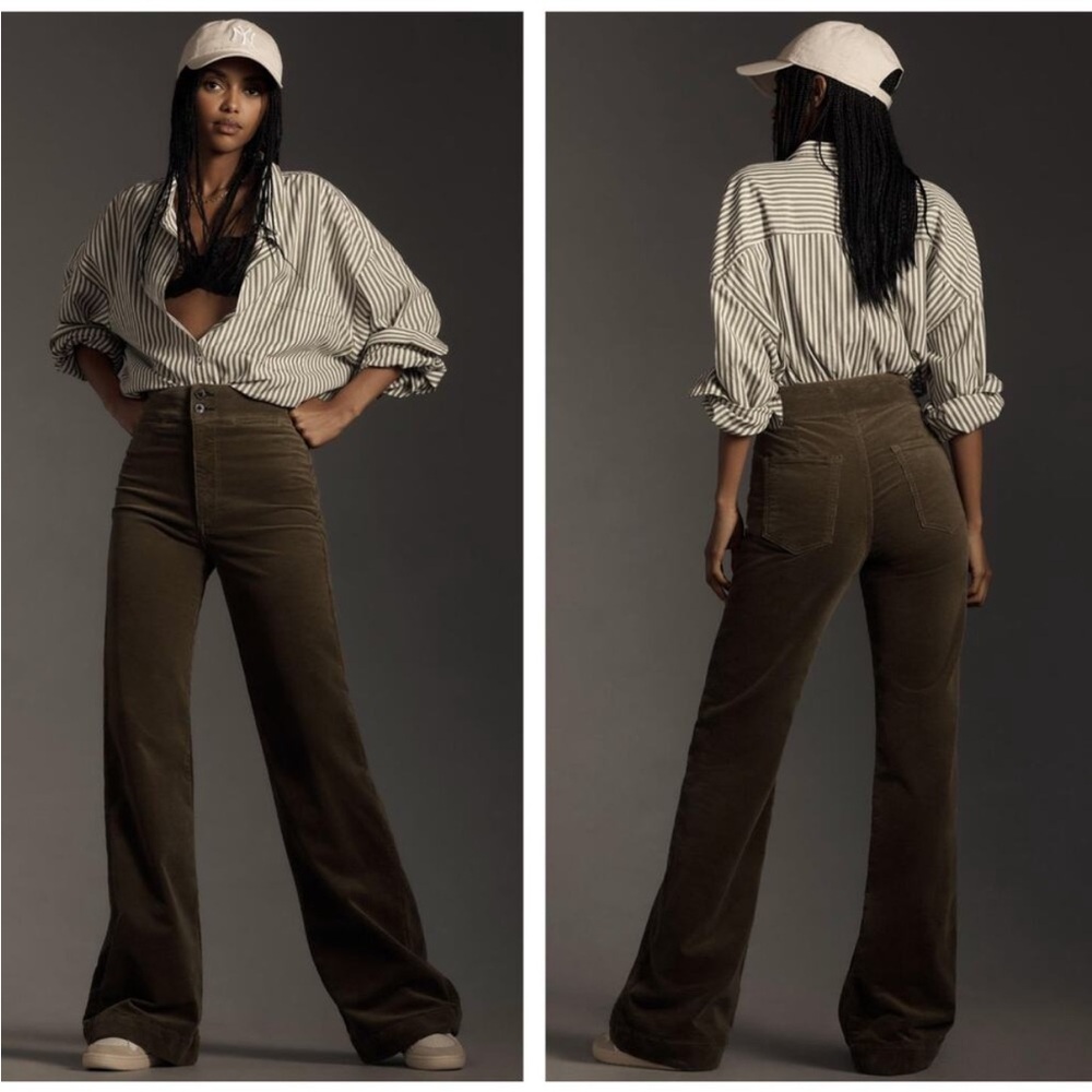 ASKK NY × ANTHROPOLOGIE Brighton Wide Leg Pants Corduroy Army Olive Green